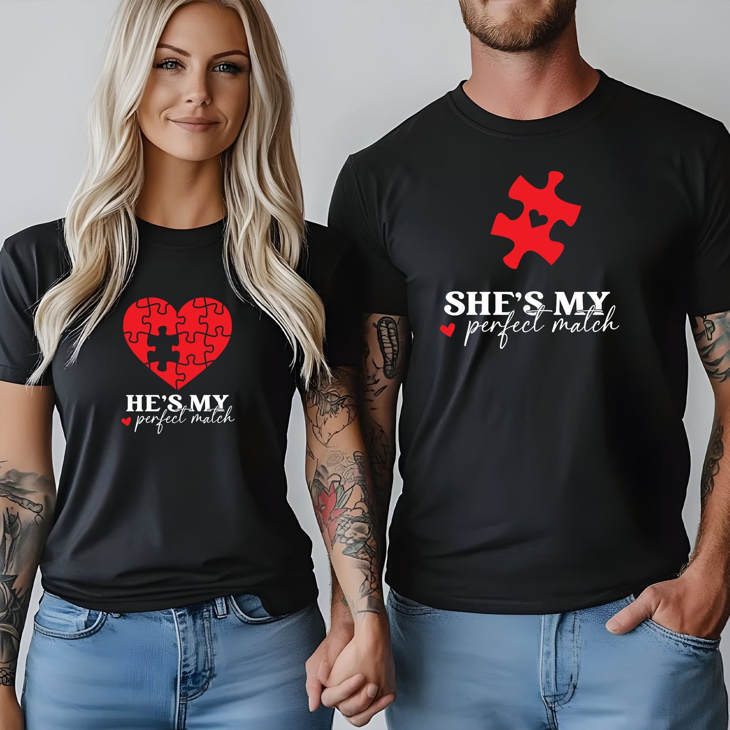 She is My Perfect Match och He is My Perfect Match – T-shirt Set för Par